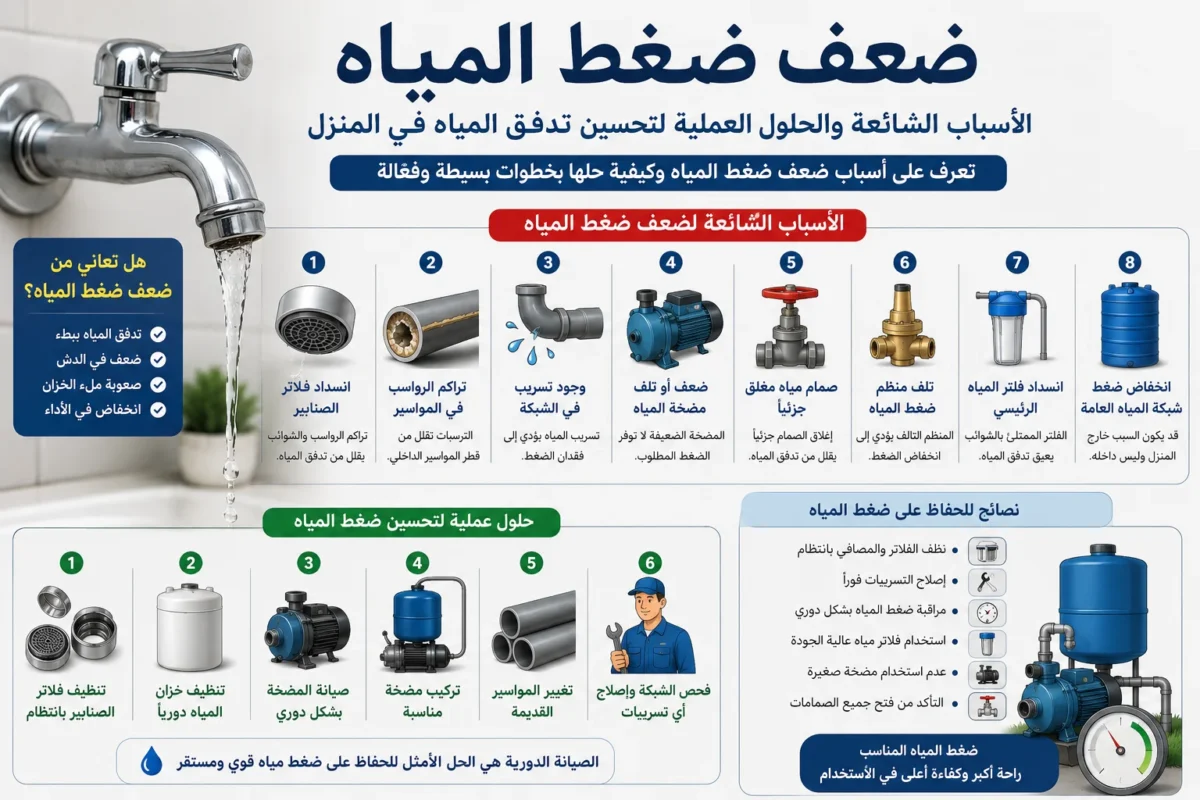 ضعف ضغط المياه في صنبور المنزل مع توضيح أسباب المشكلة وحلولها.