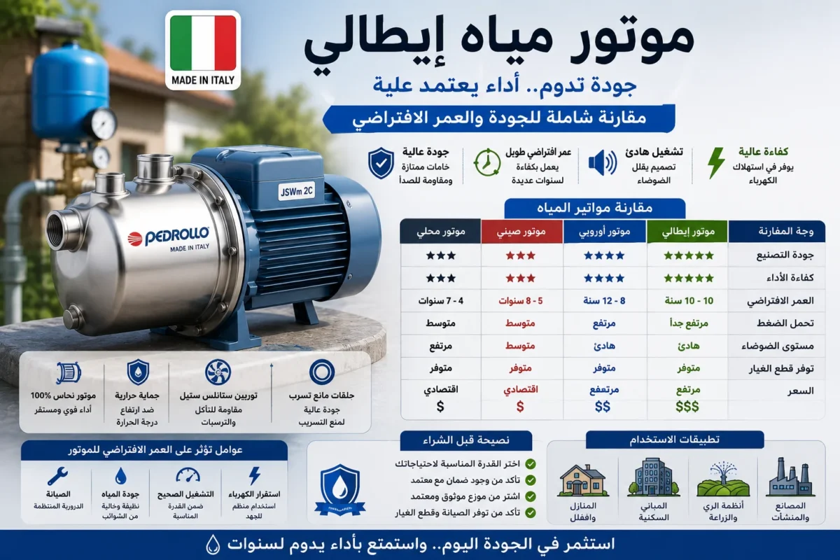 موتور مياه إيطالي عالي الجودة مع مقارنة الأداء والعمر الافتراضي